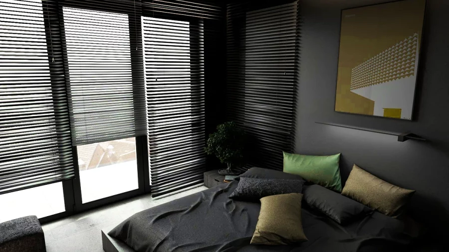 01 black bedroom with shower