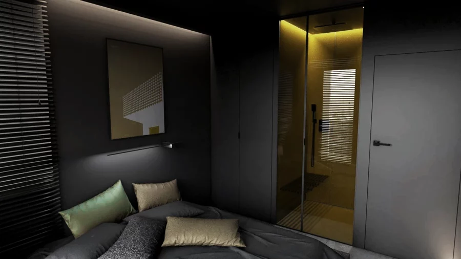 03 black bedroom with shower
