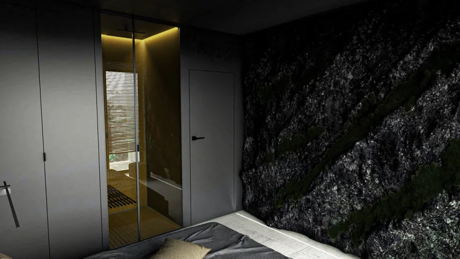 05 black bedroom with shower