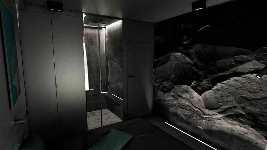 06 black bedroom with shower