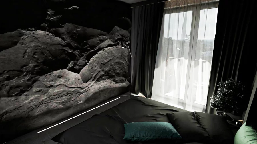 08 black bedroom with shower