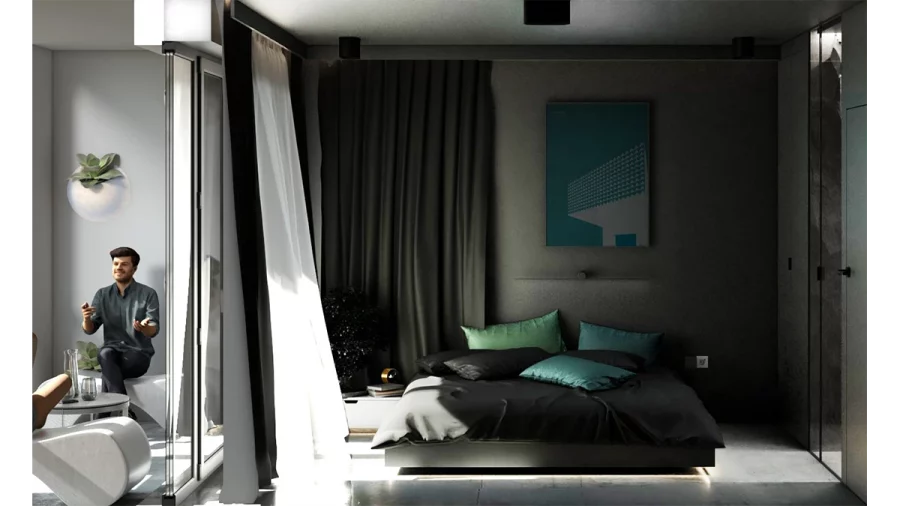 09 black bedroom with shower