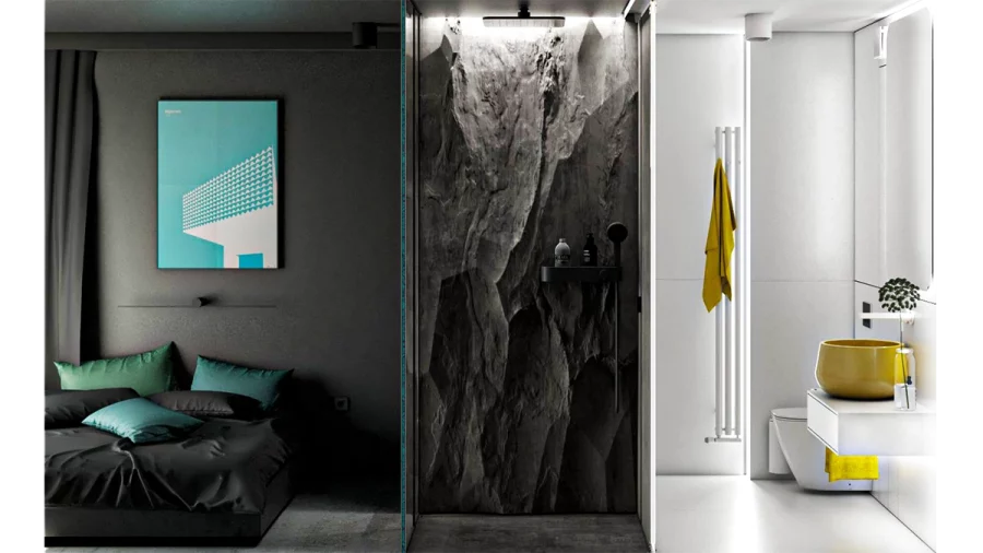11 black bedroom with shower
